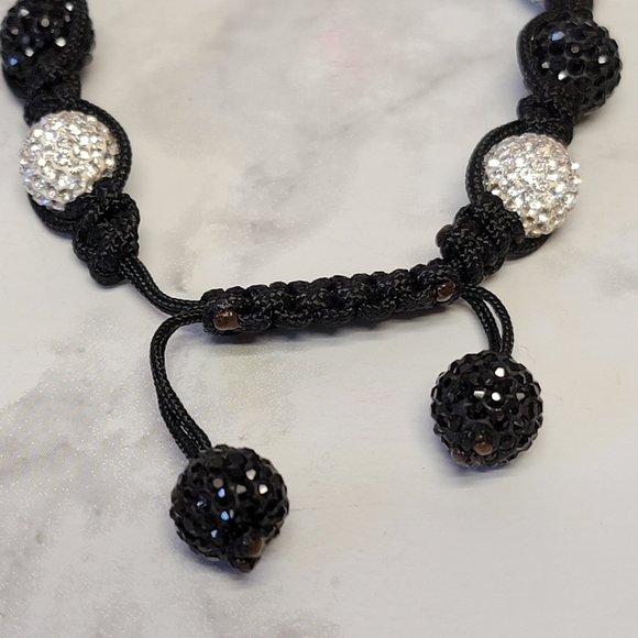 Black Rhinestone Shamballa Bracelet Pave Set Cord Sliding Knot Closure Boho Gift - Picture 3 of 3